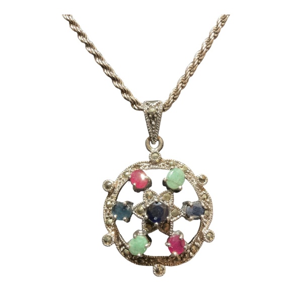 🌺 Vintage 925 Emerald Sapphire & Ruby Marcasite Pendant with 925 Rope Chain - Picture 2 of 13